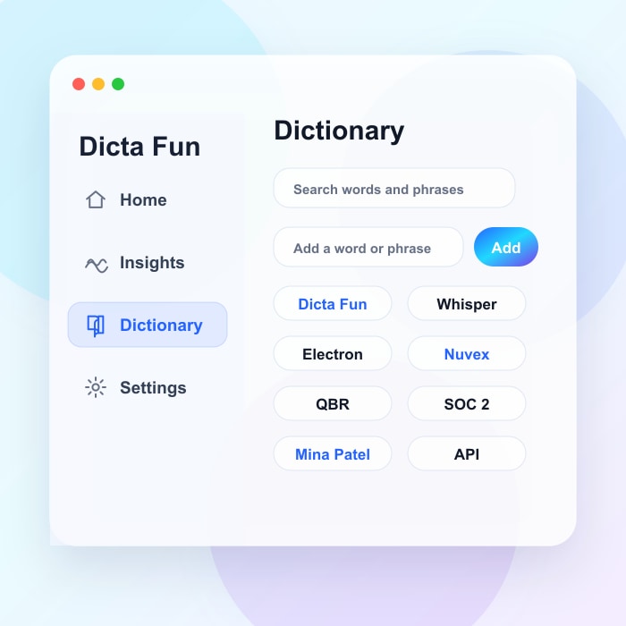Dicta Fun dictionary tab with search, add word input, and custom terms