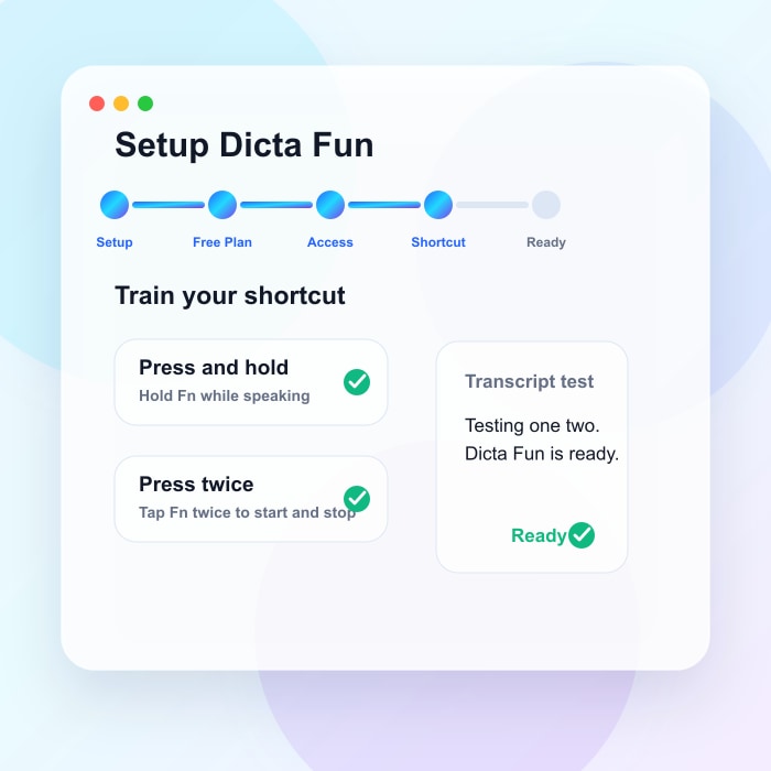 Dicta Fun onboarding shortcut training screen with setup steps and completed hotkey tests