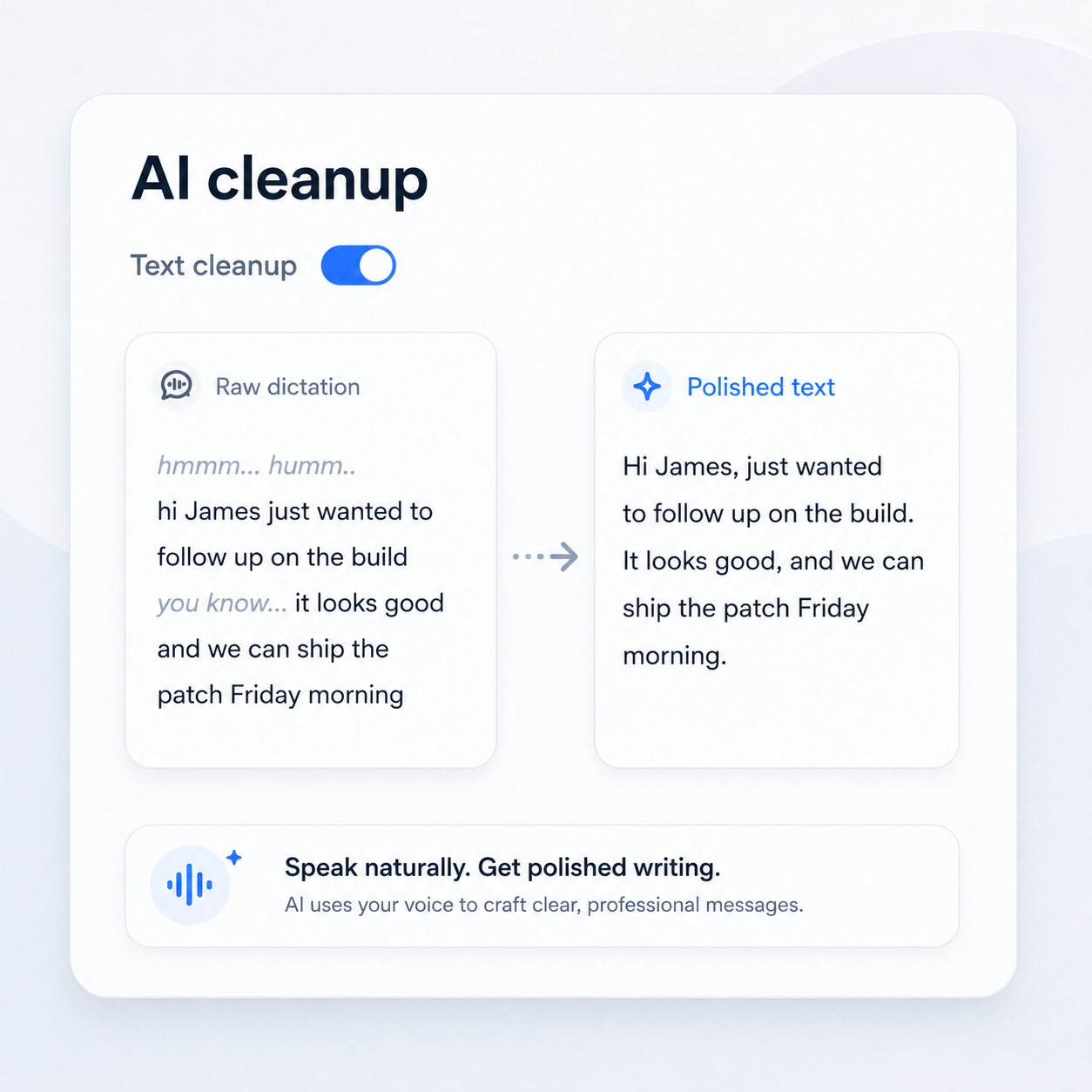 Dicta Fun text cleanup comparing raw dictated text to cleaned polished text