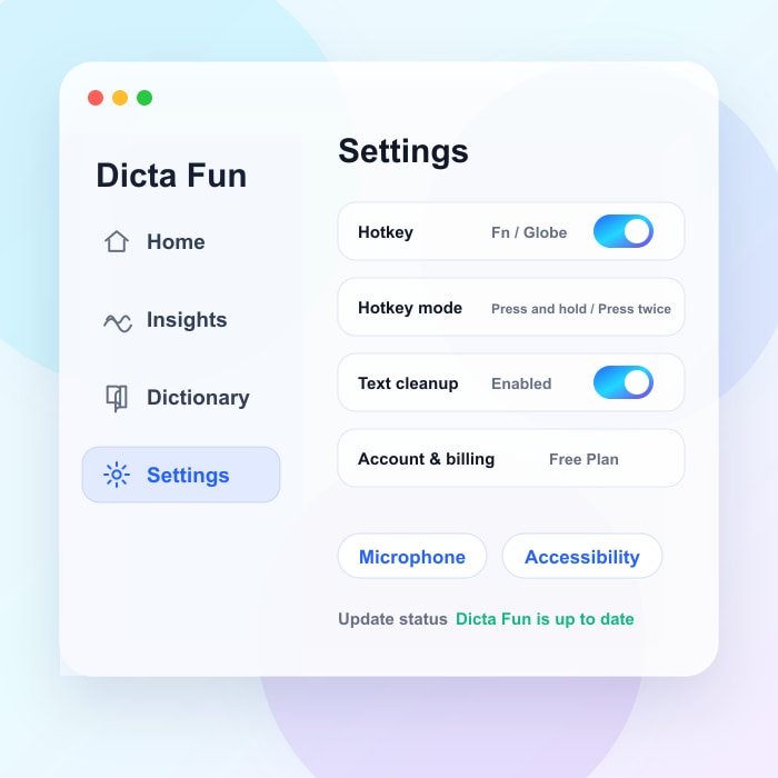 Dicta Fun settings tab with hotkey, cleanup, plan, permission buttons, and update status